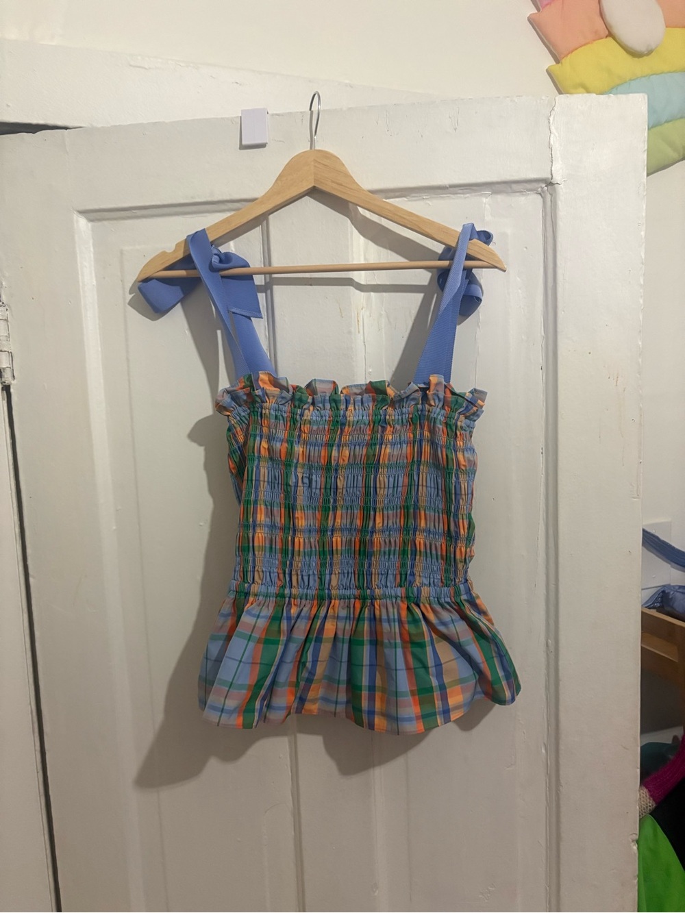 Kate Spade Sunshine Madras & Orange Plaid Smocked Tank Top with Tie Straps